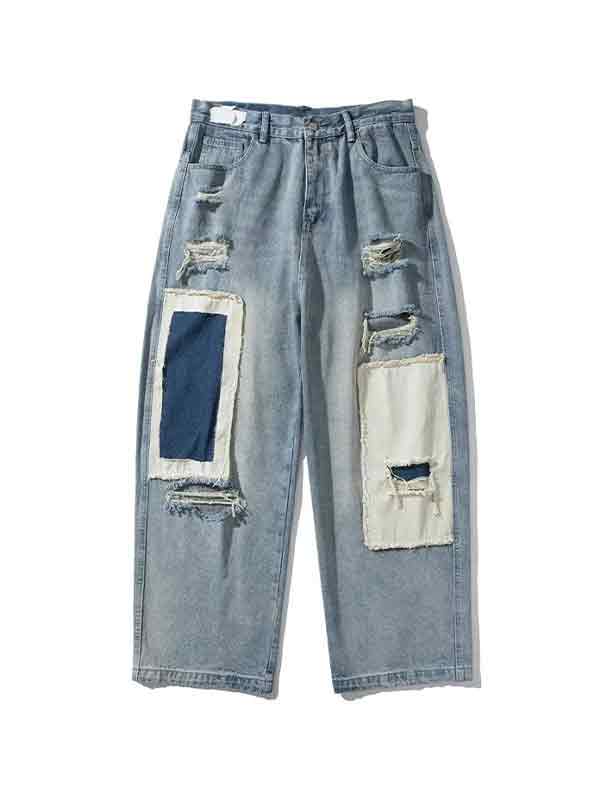 Lose Jeans für Herren im Vintage-Stil mit zerrissenen Aufnähern in Kontrastfarbe-4