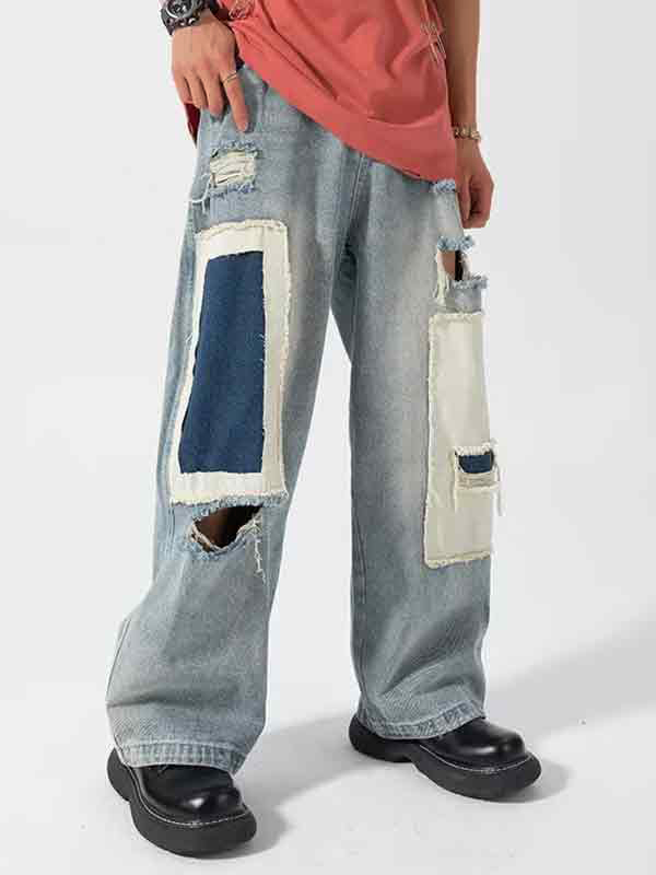 Lose Jeans für Herren im Vintage-Stil mit zerrissenen Aufnähern in Kontrastfarbe-2