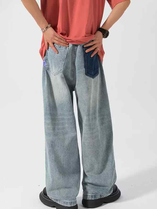 Lose Jeans für Herren im Vintage-Stil mit zerrissenen Aufnähern in Kontrastfarbe-1