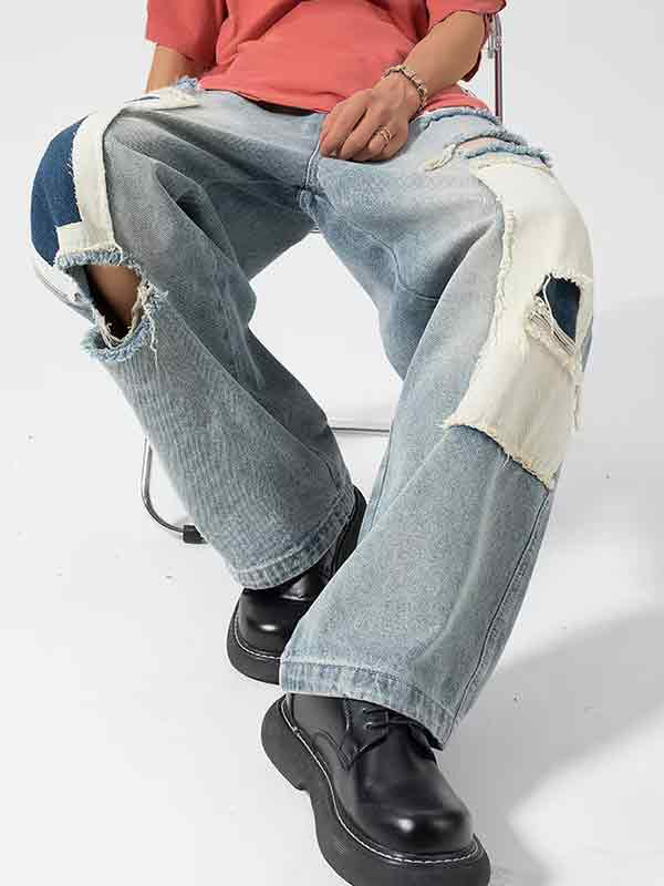 Lose Jeans für Herren im Vintage-Stil mit zerrissenen Aufnähern in Kontrastfarbe-3
