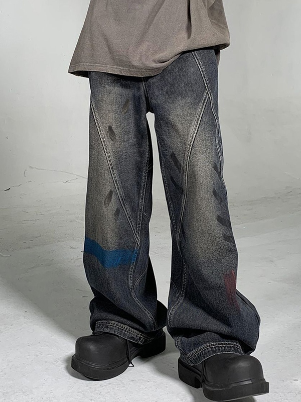 Lockere Jeans für Herren im Street-Distressed-Look mit Splice-Graffiti-Print-2