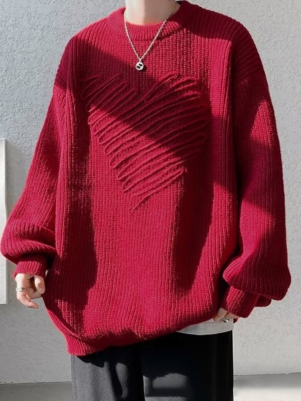 Herrenpullover mit dreidimensionalem Herzdekor und Rundhalsausschnitt-1