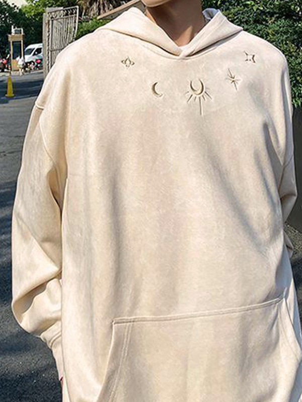 Übergroßer Kapuzenpullover mit Mond- und Sternstickerei aus Wildleder für Herren-3