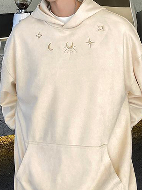 Übergroßer Kapuzenpullover mit Mond- und Sternstickerei aus Wildleder für Herren-1