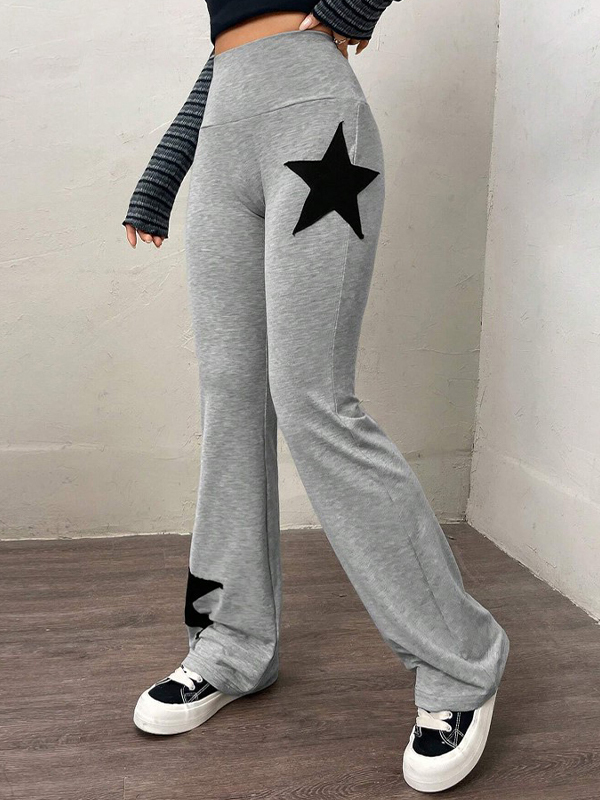 Hochelastische Hose mit hohem Bund und ausgestelltem Bein und Sternenmuster-2