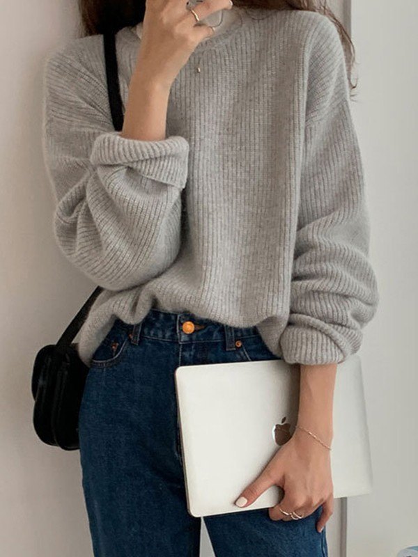 Einfarbiger Pullover mit Rundhalsausschnitt-3