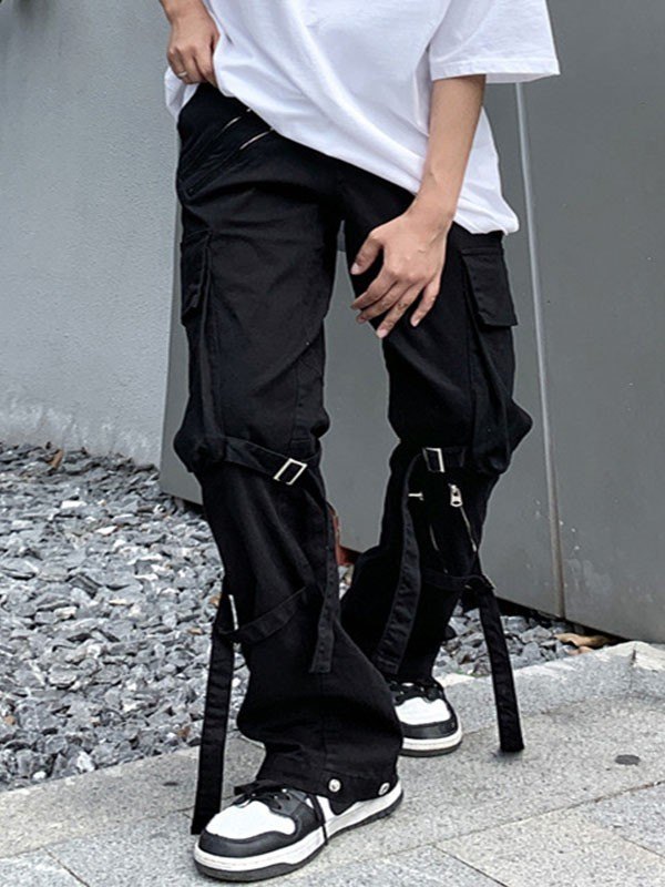 Schwarze Cargohose mit Metallriemen für Herren-2